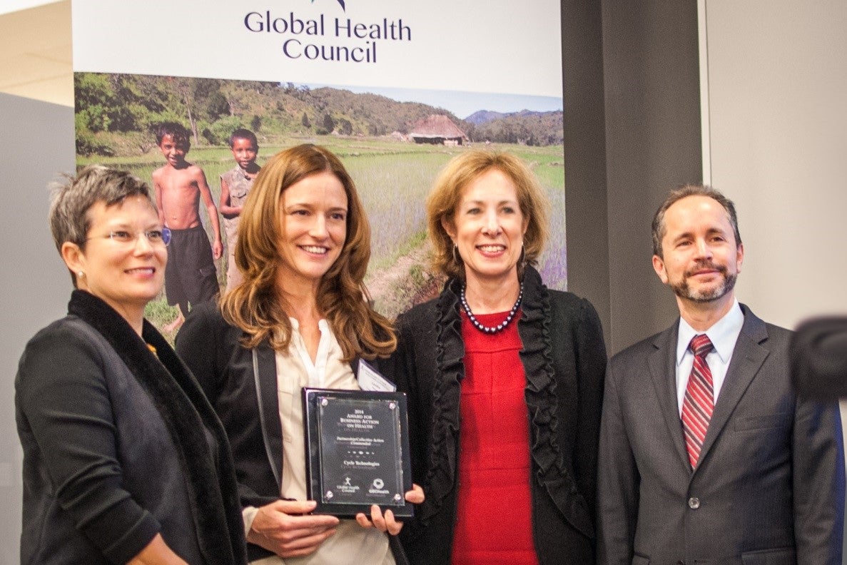 GBCHealth Honors Cycle Technologies at 2014 Business Action on Health Awards: Dr. Christine Sow (Global Health Council), Leslie Heyer (Cycle Technologies), Nancy Wildfeir-Field (GBCHealth), Gary Cohen (Becton, Dickinson & Co.)